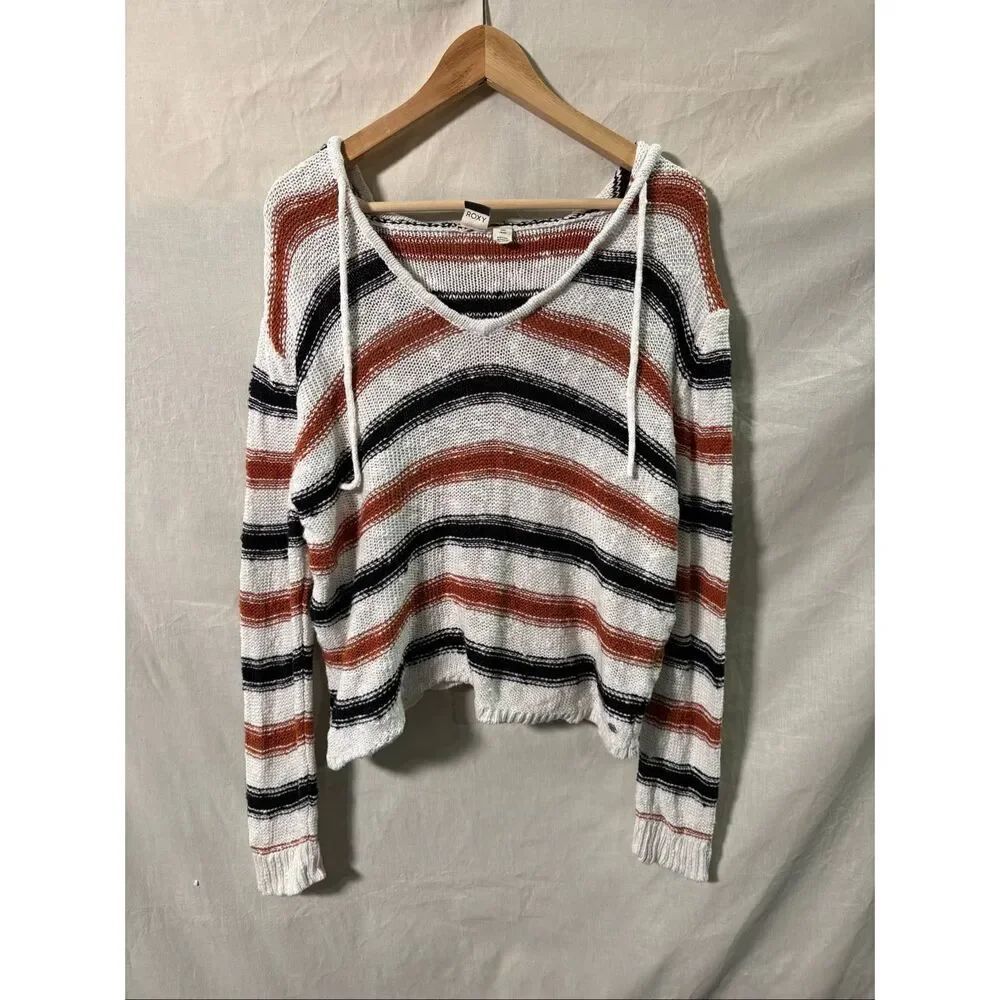Roxy Hooded Knit Sweater Womens M White Rust Stripe Cotton Beach Pullover Boho